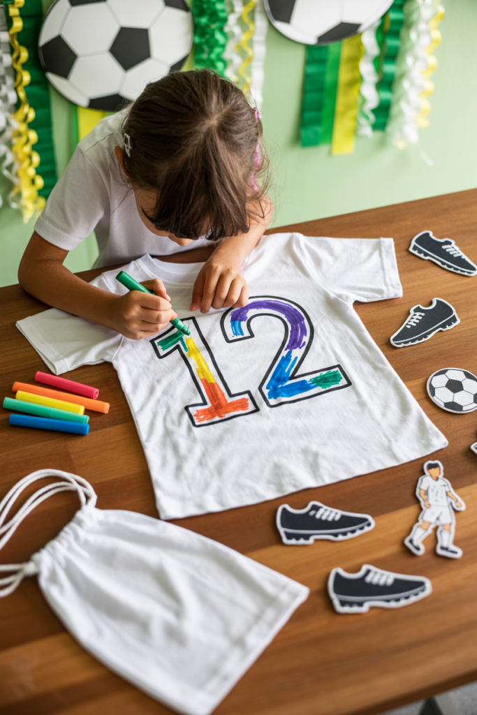 a photograph of a child decorating a white shirt with colors for a trikot on a birthday party. motto: soccer/football