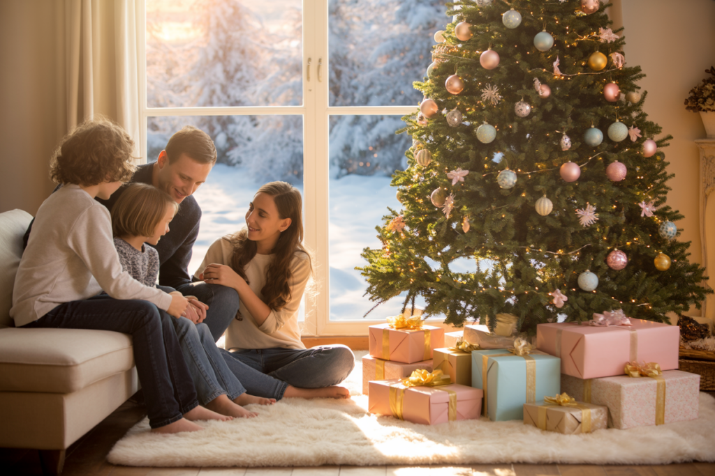 eine Familie sitzt zusammen auf der Couch und bestaunt den Weihnachtsbaum und die Geschenke