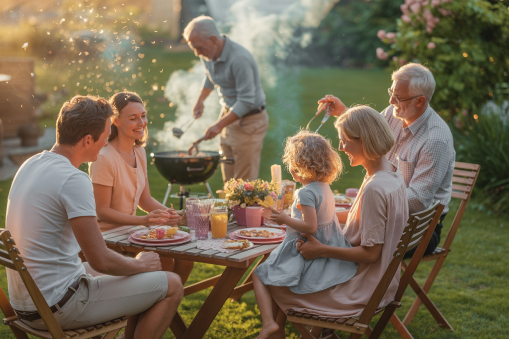 Eine Familie sitzt zusammen im Garten am Tisch. Im Hintergrund steht jemand der grillt