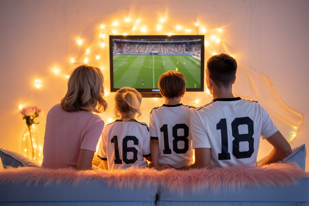 Eine Famile sitzt zusammen auf der Couch und schaut zusammen Fußball im Tv