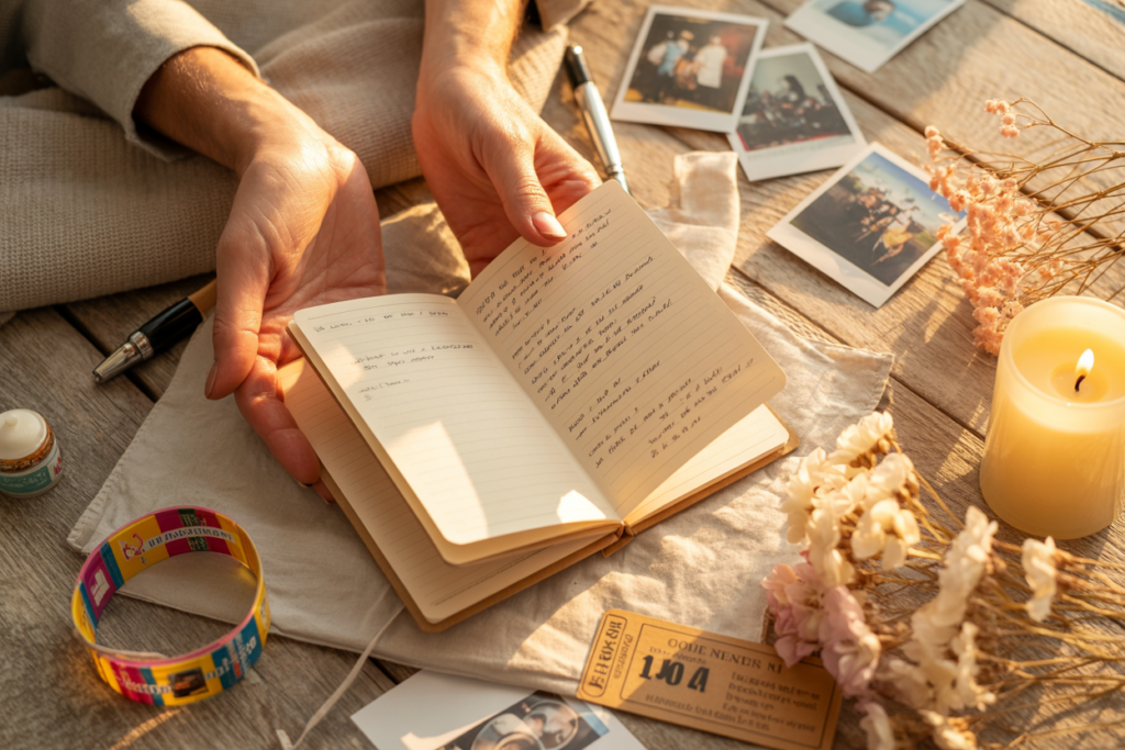 Ein aufgeschlagenens Buch mit handschriftliches Einträgen über schöne Erinnerungen, die von weiblichen Händen gehalten werden. Drumrum liegen Polaroids und Blumen und eine Kerze