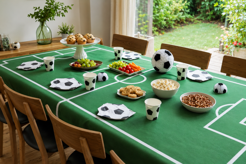 Grüner Geburtstagstisch als Fußballfeld mit passenden Tellern, Bechern und Snacks.