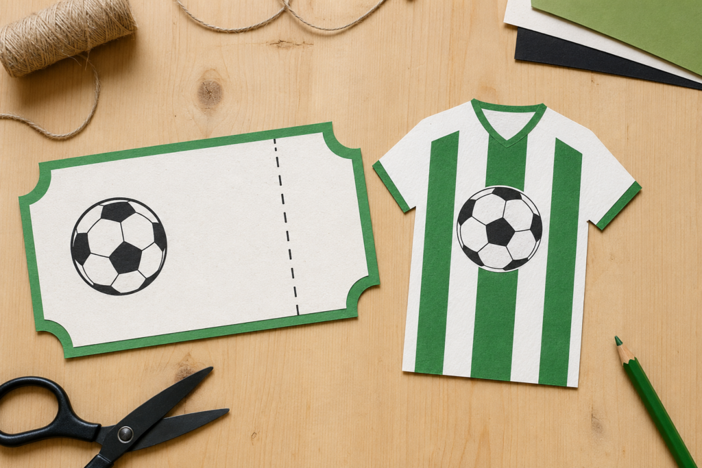 Selbst gebastelte Einladungen zum Fußball-Kindergeburtstag als Stadionticket und Trikot.