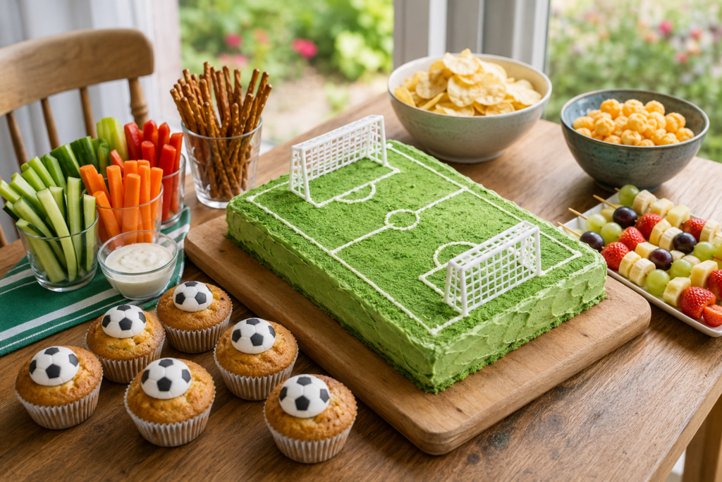 Fußballbuffet mit Spielfeldkuchen, Fußballmuffins, Obstspießen und Gemüsesticks.