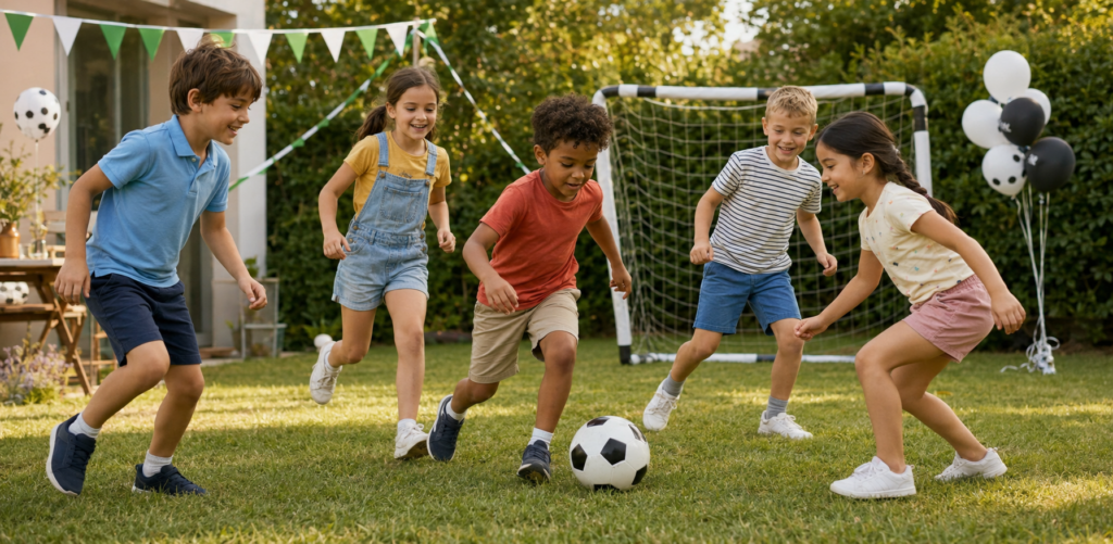 Fünf Kinder spielen bei einem Fußball-Kindergeburtstag im Garten vor einem kleinen Tor.