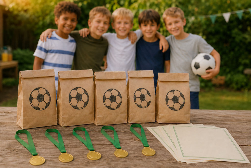 Fußball-Mitgebseltüten, fünf Medaillen und leere Urkunden vor einer Gruppe von Kindern.