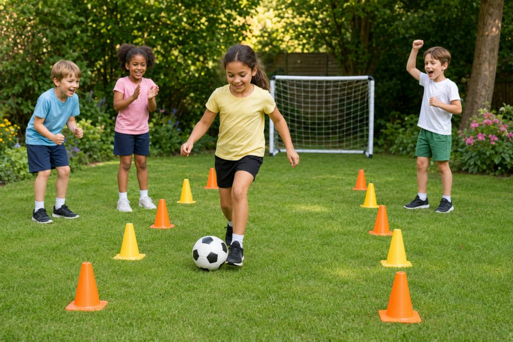 Ein Kind dribbelt einen Fußball durch einen Parcours aus gelben und orangefarbenen Hütchen.