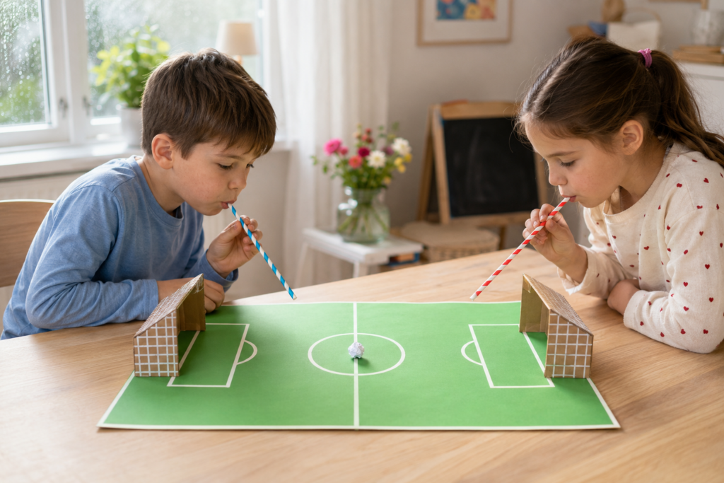 Zwei Kinder spielen Puste-Fußball mit Papierball, Trinkhalmen und selbst gebastelten Toren.
