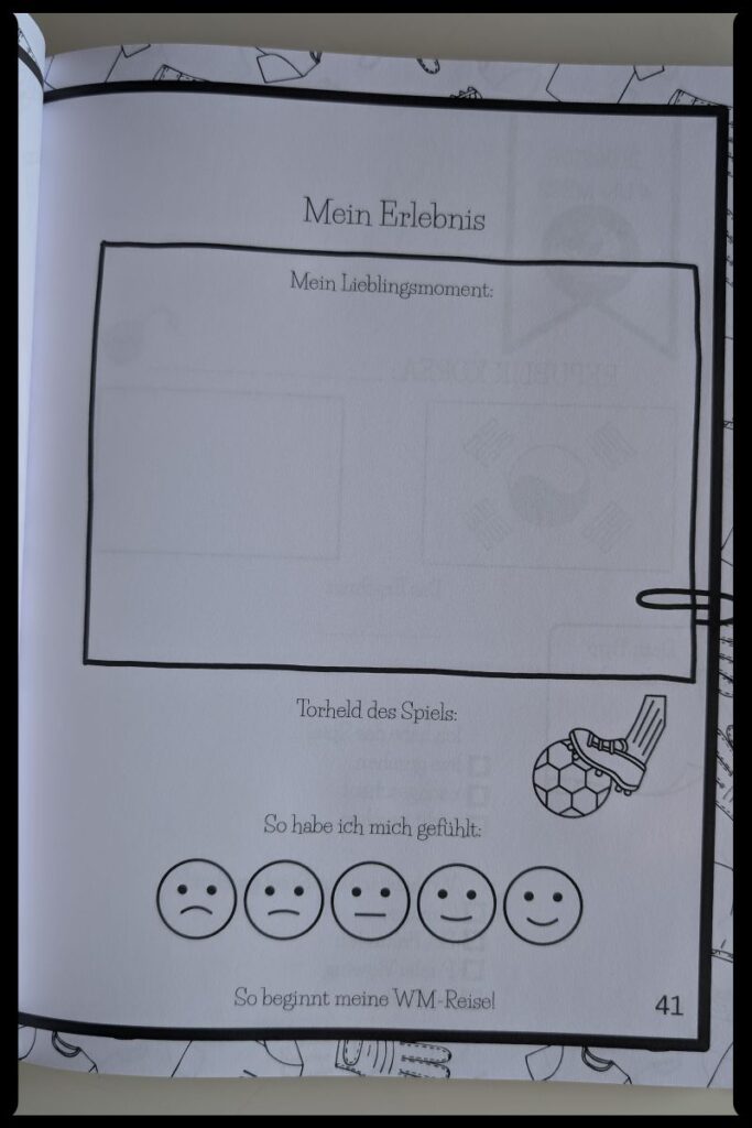 Das Fußball WM Mitmachbuch für Kinder - "Meine WM 2026" Die zweite Seite die Platz zum Dokumentieren gibt. Mein Lieblingsmoment, Torheld des Tages und die persönliche Gefühlsskala