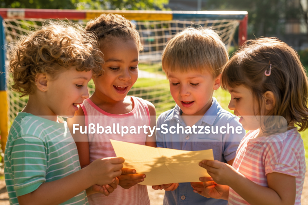 Fußballparty-Schatzsuche Kinder entdecken Hinweise bei einer Fußballparty-Schatzsuche auf dem Bolzplatz