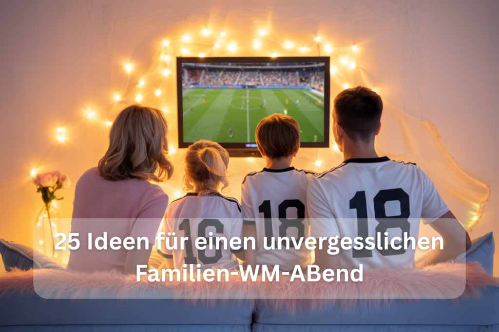 Familie schaut gemeinsam ein Fußballspiel beim gemütlichen Familien-WM-Abend mit Kindern im Wohnzimmer