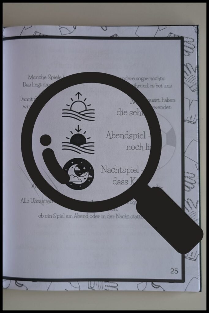 Das Fußball WM Mitmachbuch für Kinder - "Meine WM 2026" EInblick auf die Erklärseiten zum Thema Zeitverschiebung und die Erklärung der Icons zum schnelleren Erkennen wann ein Spiel in Deutschland übertragen wird