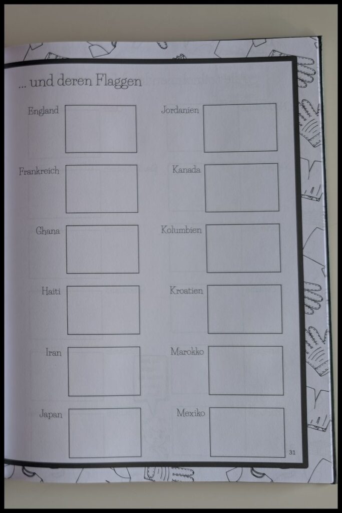Das Fußball WM Mitmachbuch für Kinder - "Meine WM 2026" Einblick auf die kreativen Seiten im Mitmachbuch "Meine WM 2026", Hier sieht man eine Zusammenfassung aller Länder die an der WM teilnehmen. Hier gibt es die Möglichkeit die Flaggen der Länder einzuzeichnen und auszumalen