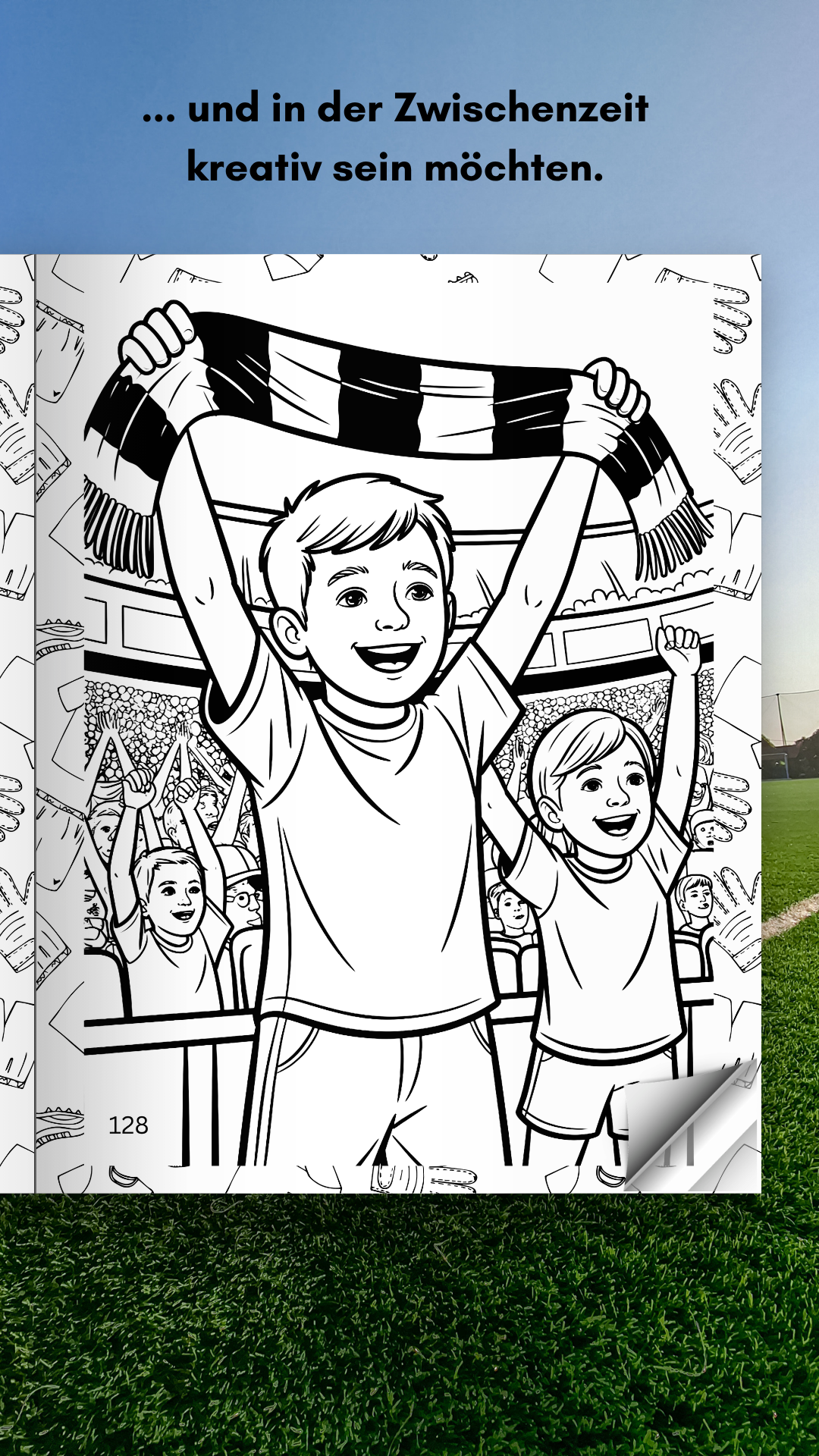 Einblick auf die Ausmalbilder: Hier jubelnde Kinder im Stadion.