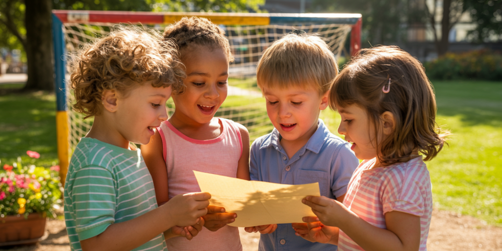 Fußballparty-Schatzsuche Kinder entdecken Hinweise bei einer Fußballparty-Schatzsuche auf dem Bolzplatz