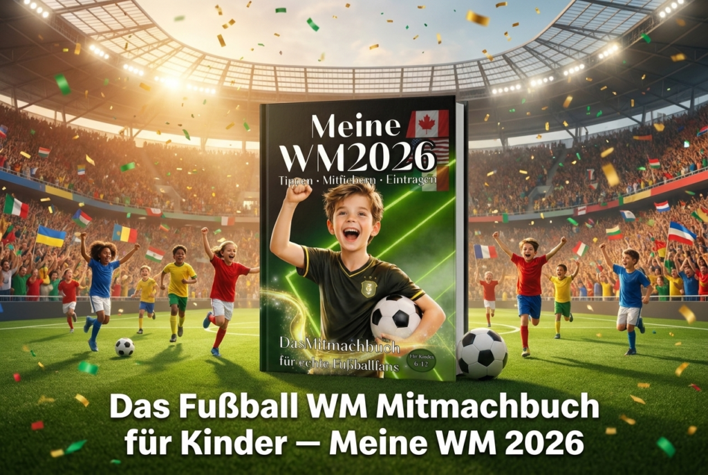 Das Fußball WM Mitmachbuch für Kinder - "Meine WM 2026" comic von einem stadion auf dem viele verschiedne kinder in trikots aus verschiedenen ländern zu sehen sind. in der mitte das buch "Meine WM 2026"