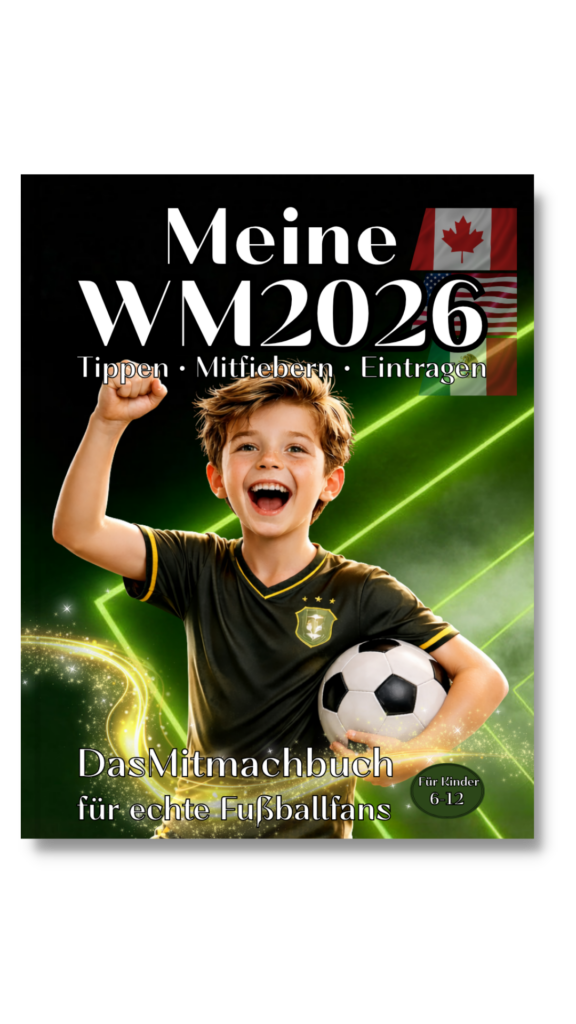 WM Kinder-Mitmachbuch: Wer spielt wann im TV?... Buchcover von "Meine WM 2026" mit einem jubelnden Kind im Trikot und Fussball unterm Arm