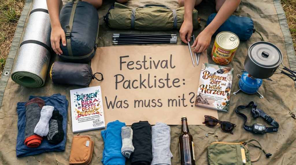 Festival Packliste: Was muss mit? blick auf festival utensilien, die man benötigt. u. a. zelt, kleidung, kocher, bücher. Titel: festival packliste: was muss mit?