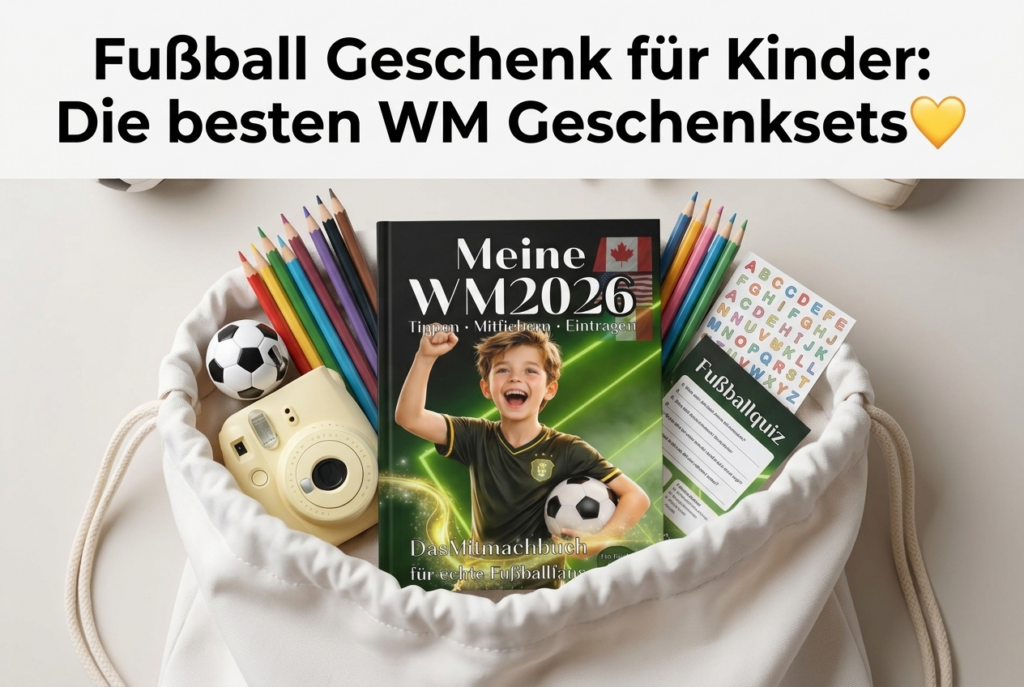 Fußball Geschenk für Kinder: Die besten WM Geschenksets Offener Turnbeutel mit BLick auf das Mitmachbuch "Meine WM 2026", Stiften, Spitzer und Kamera