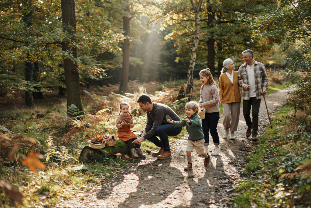 Familie mit Kindern und Großeltern entdeckt gemeinsam einen Waldweg und sammelt Naturmaterialien während eines Abenteuer-Spaziergangs als ABC Familienmoment.