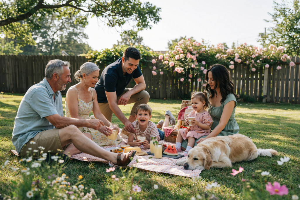 Familie mit Kindern und Großeltern genießt gemeinsam ein sommerliches Picknick im Garten und verbringt wertvolle Familienzeit.
