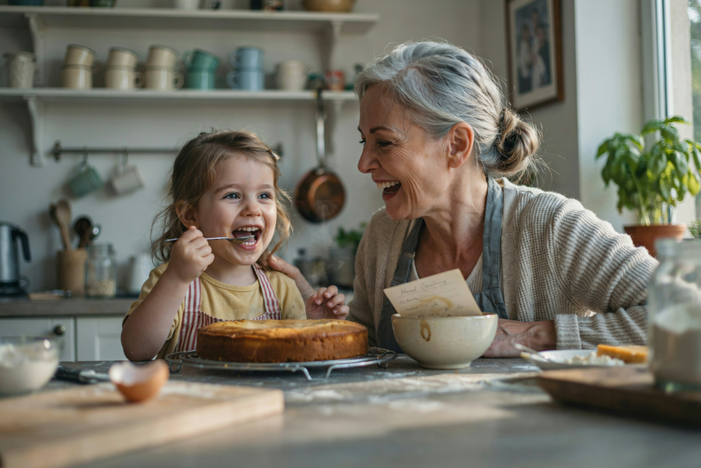 Großmutter und Enkel backen gemeinsam einen Kuchen und verbringen wertvolle Familienzeit in der Küche.