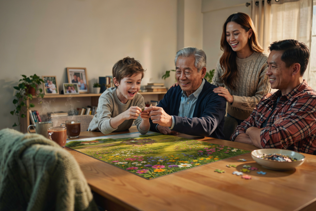 Eltern, Kinder und Großeltern lösen gemeinsam ein großes Puzzle und verbringen einen gemütlichen Familiennachmittag.