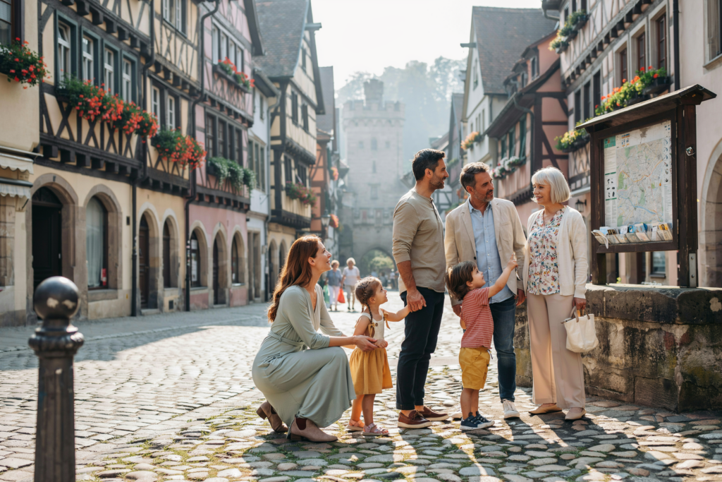 Familie mit Kindern und Großeltern entdeckt gemeinsam eine Sehenswürdigkeit bei einem Tagesausflug und sammelt neue Erinnerungen.
