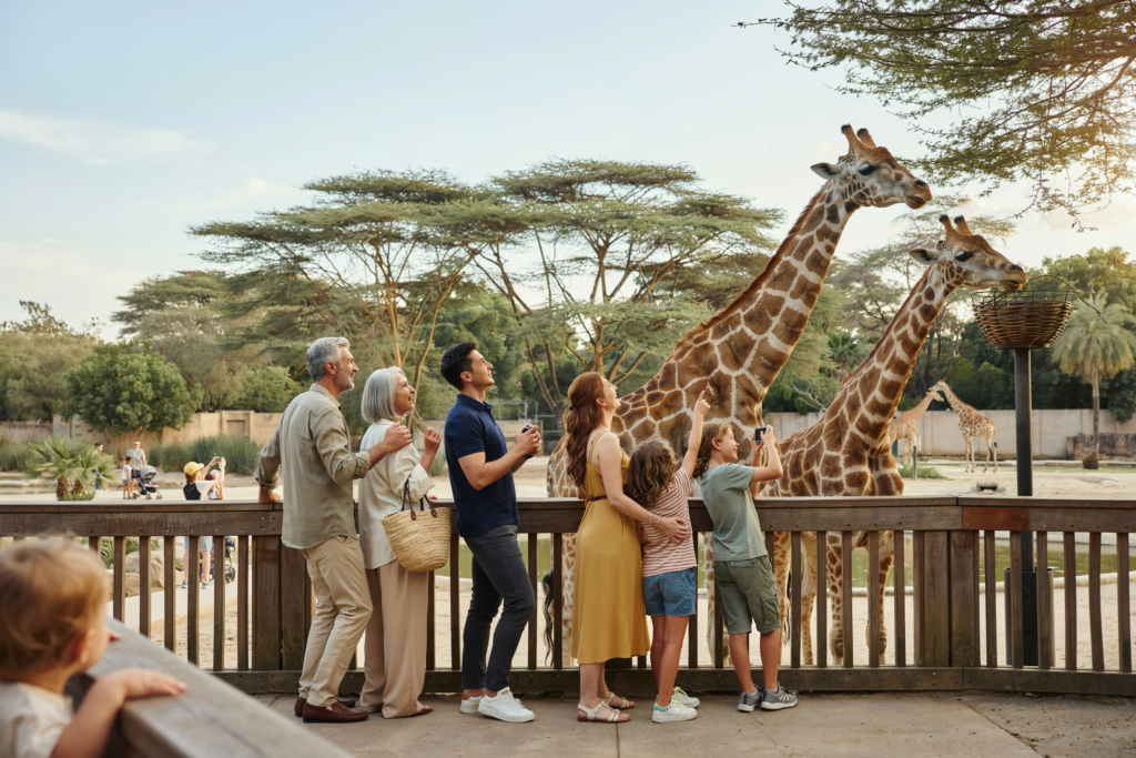 Familie mit Kindern und Großeltern beobachtet gemeinsam Giraffen im Zoo und erlebt einen besonderen Familienausflug.