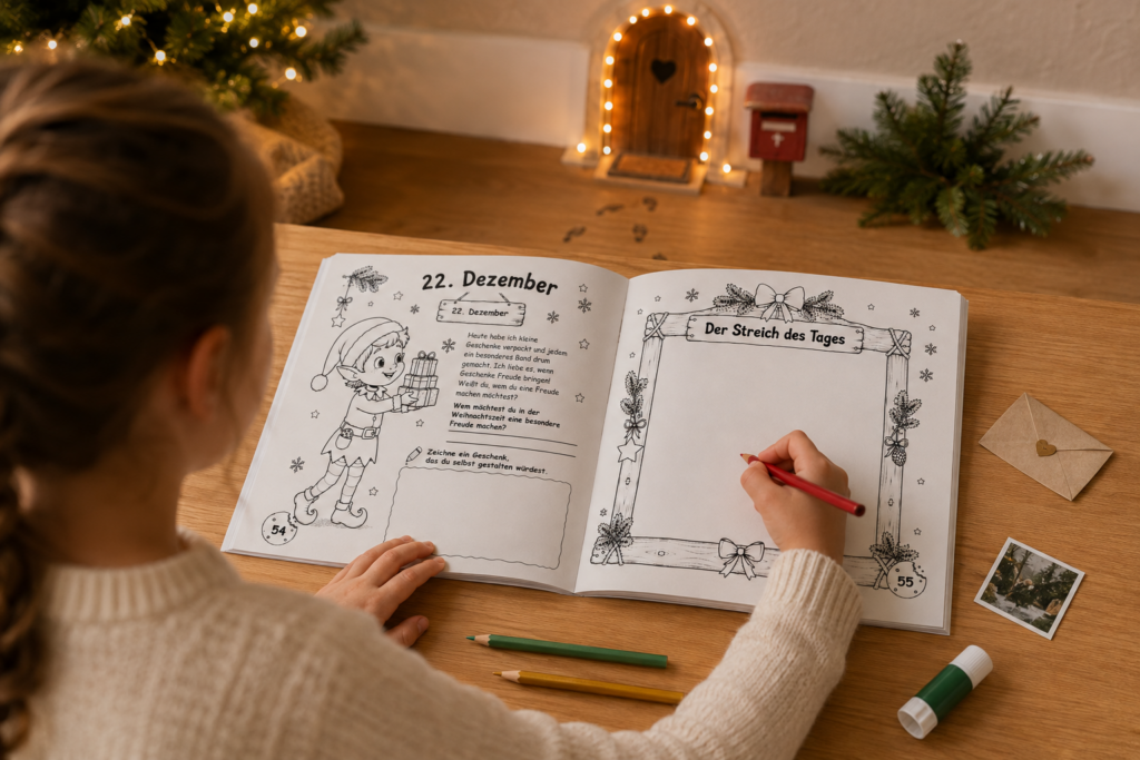 Kind hält einen Elfenstreich im Weihnachtself-Erinnerungsbuch fest