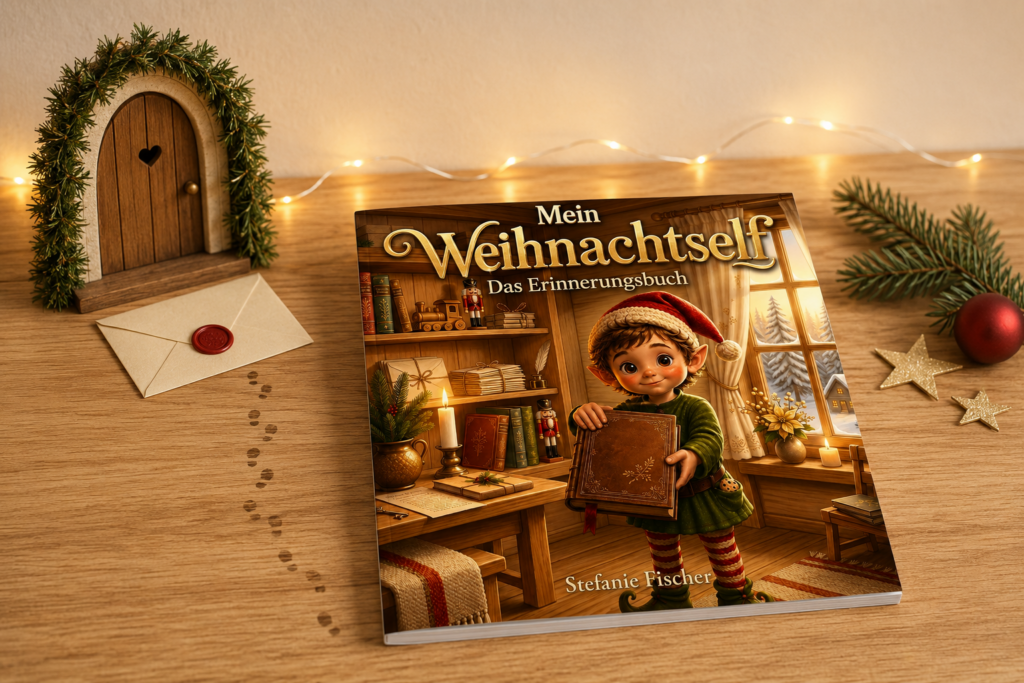 Geschlossenes Weihnachtself-Erinnerungsbuch neben einer kleinen Wichteltür