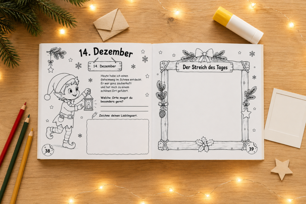 Tagesseite zum Festhalten eines Elfenstreichs im Weihnachtself-Erinnerungsbuch