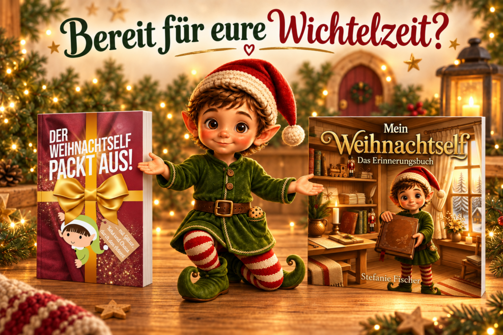 Weihnachtself präsentiert das Wichtelstreiche-Buch und das quadratische Weihnachtself-Erinnerungsbuch