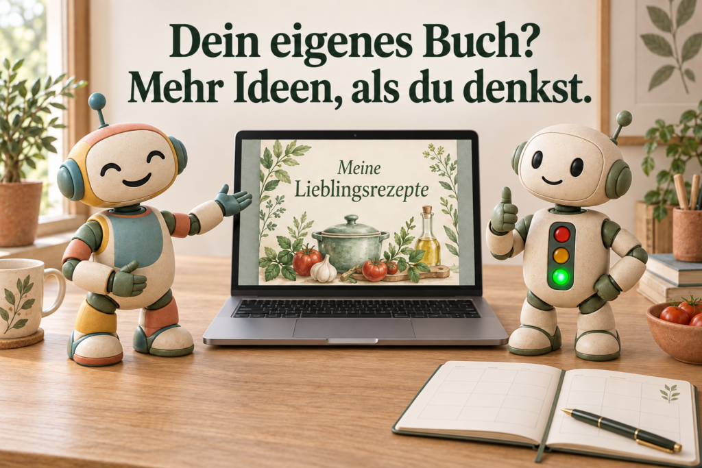Ein bunter Creativbot präsentiert ein Buchcover auf dem Laptop. Daneben zeigt der Analysebot grünes Licht und einen erhobenen Daumen.