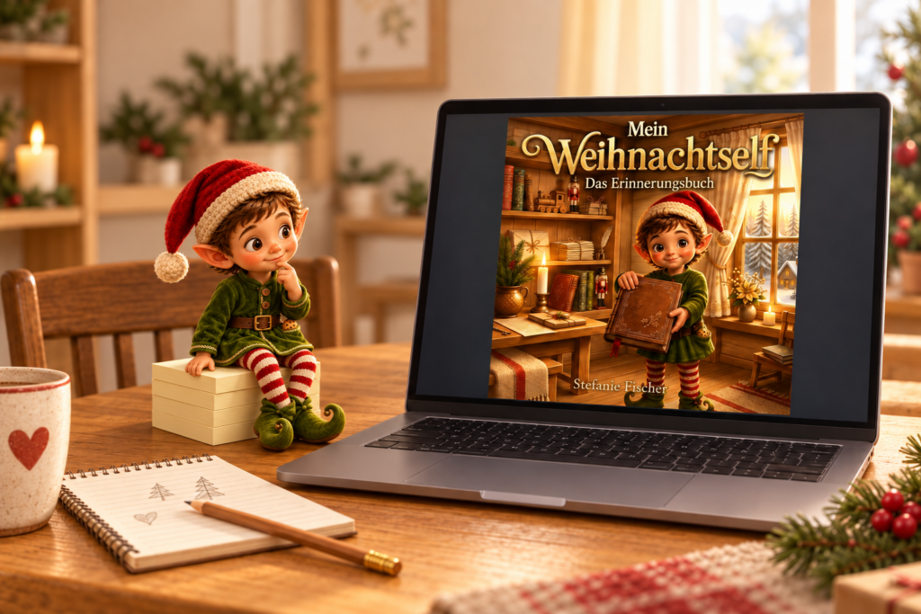 Kleiner Weihnachtself sitzt nachdenklich auf einem Notizzettelstapel und betrachtet das Cover seines Erinnerungsbuchs auf einem Laptop.