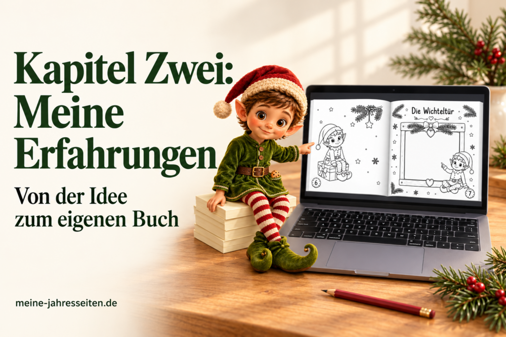 Kapitel Zwei: Meine Erfahrungen – kleiner Weihnachtself neben einem Laptop mit Buchseiten und dem Text „Von der Idee zum eigenen Buch“.