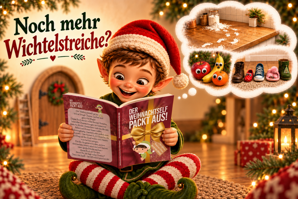 Weihnachtself liest im Buch Der Weihnachtself packt aus und denkt an drei lustige Wichtelstreiche