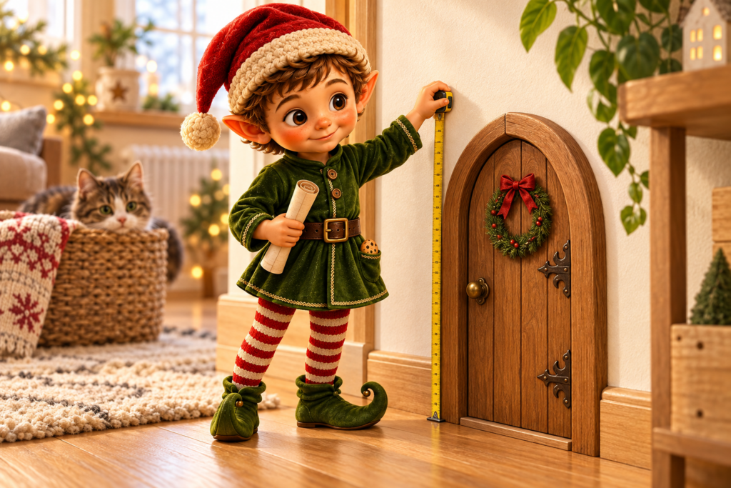 Weihnachtself richtet seine Wichteltür an einem ruhigen Platz im Wohnzimmer ein