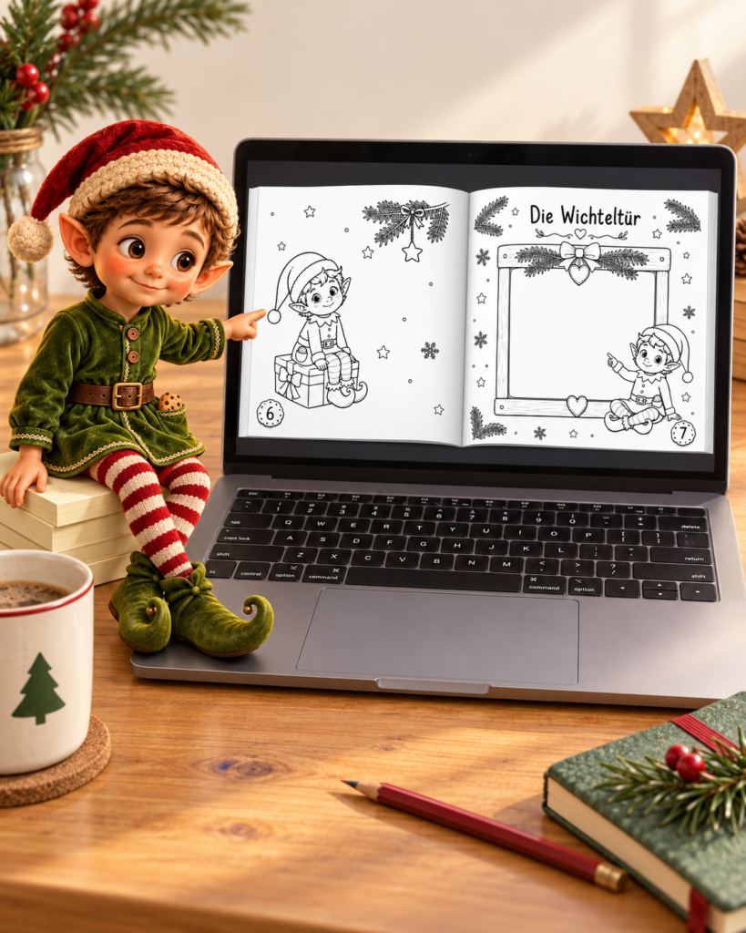 Kleiner Weihnachtself zeigt auf eine schwarz-weiße Doppelseite seines Erinnerungsbuchs auf einem Laptop.