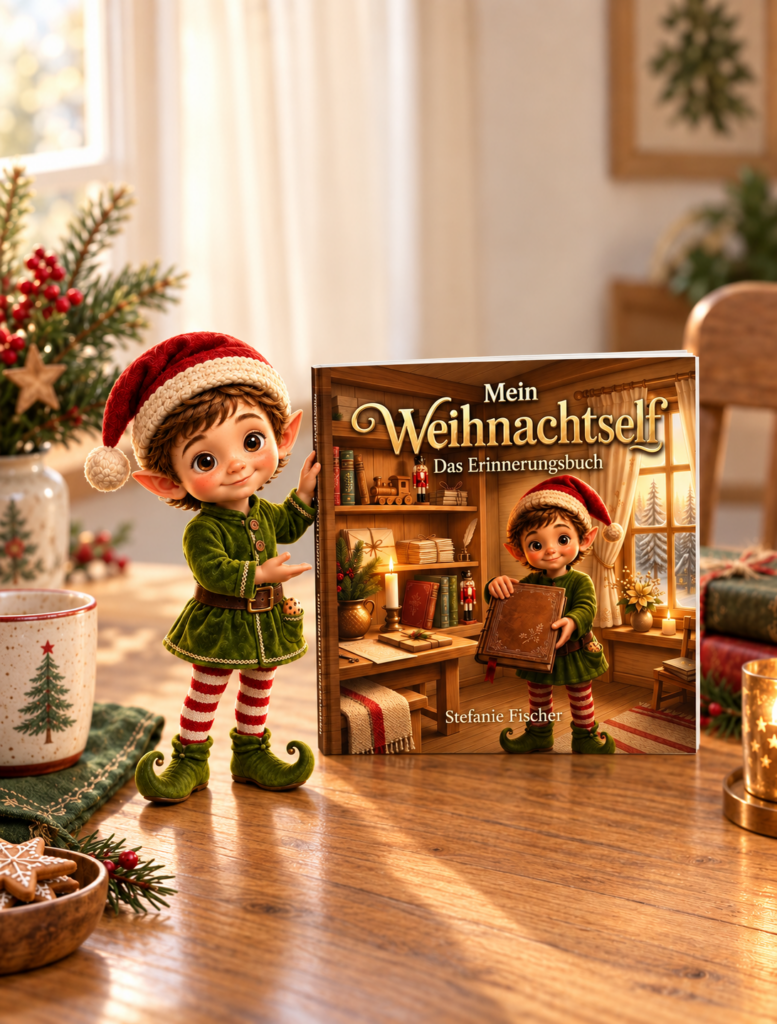 Kleiner Weihnachtself steht neben dem quadratischen Buch „Mein Weihnachtself – Das Erinnerungsbuch“ von Stefanie Fischer und präsentiert das Cover.