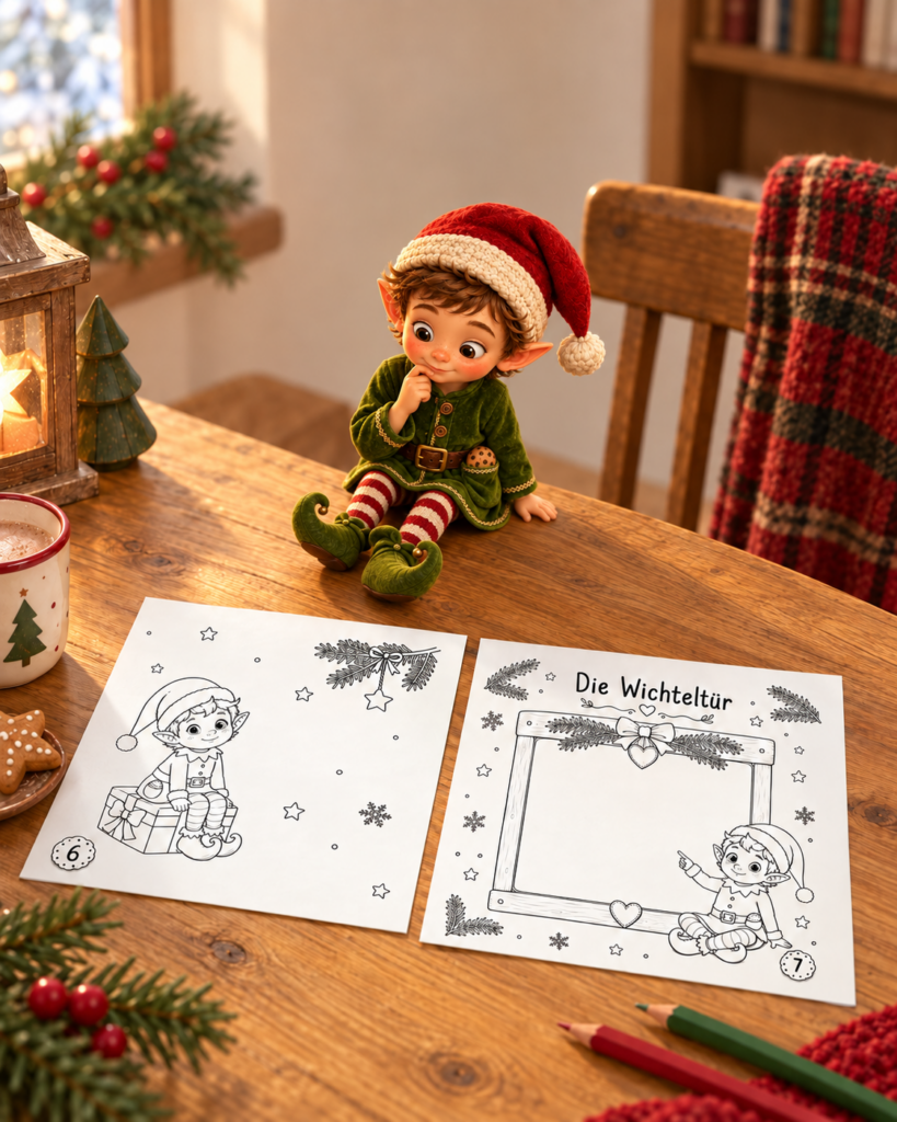 Kleiner Weihnachtself betrachtet zwei ausgedruckte Buchseiten mit einer Elf-Illustration und einer gestaltbaren Wichteltür-Seite.