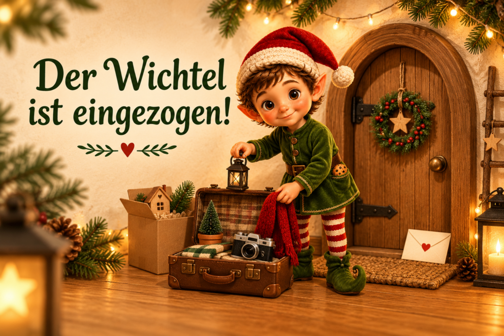 Weihnachtself zieht mit Koffer, Kamera und Willkommensbrief an seiner Wichteltür ein