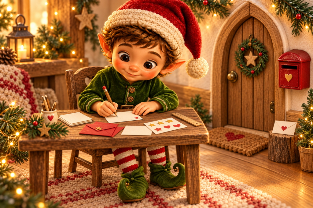 Weihnachtself schreibt mit Stift und Papier einen kleinen Wichtelbrief