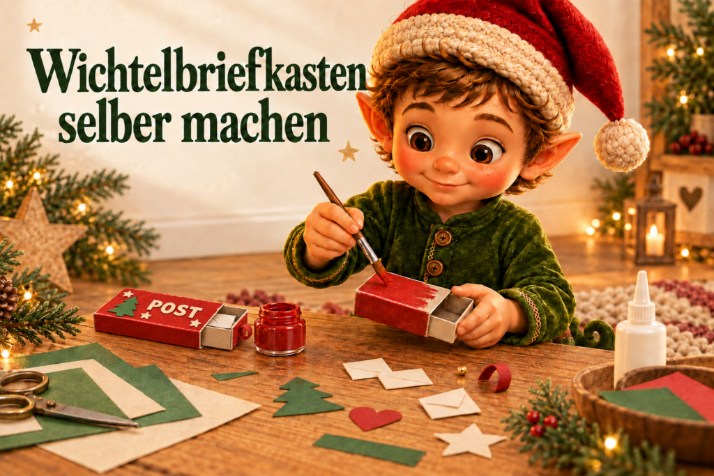 Weihnachtlicher Wichtelbriefkasten mit der Aufschrift POST aus einer Streichholzschachtel