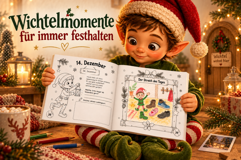 Weihnachtself betrachtet eine ausgefüllte Doppelseite seines Erinnerungsbuches mit gemaltem Wichtelstreich