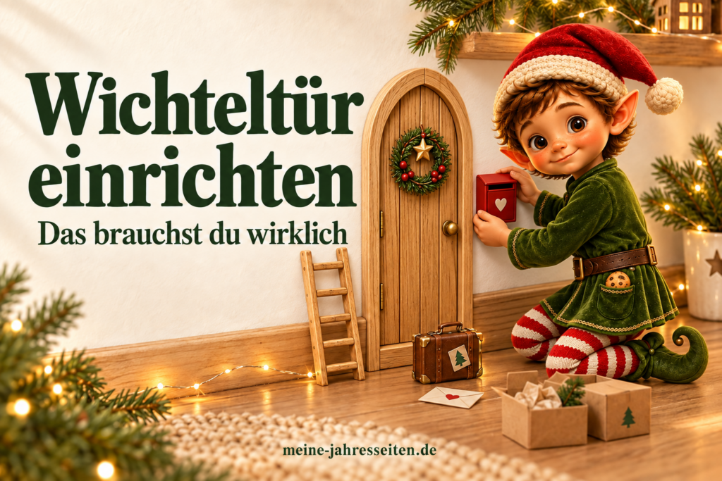 Wichteltür einrichten: Was braucht dein Weihnachtswichtel wirklich? Weihnachtself vor seiner Wichteltür mit Zubehör für eine liebevoll eingerichtete Wichtelwelt