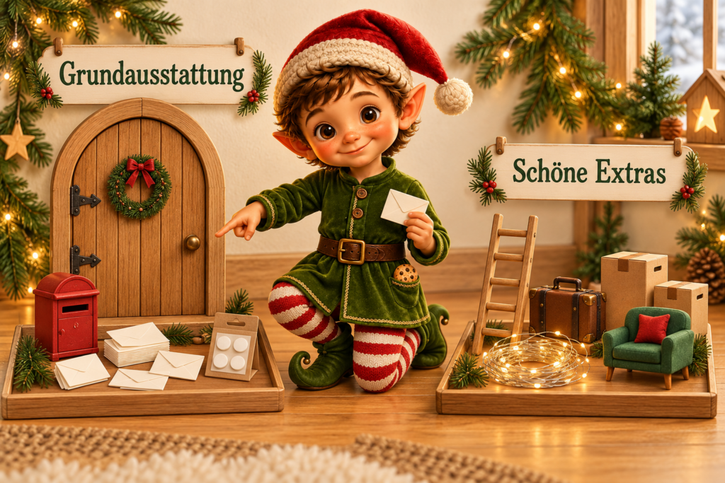 Wichteltür mit Leiter, Briefkasten, Lichterkette und weihnachtlichem Miniaturzubehör