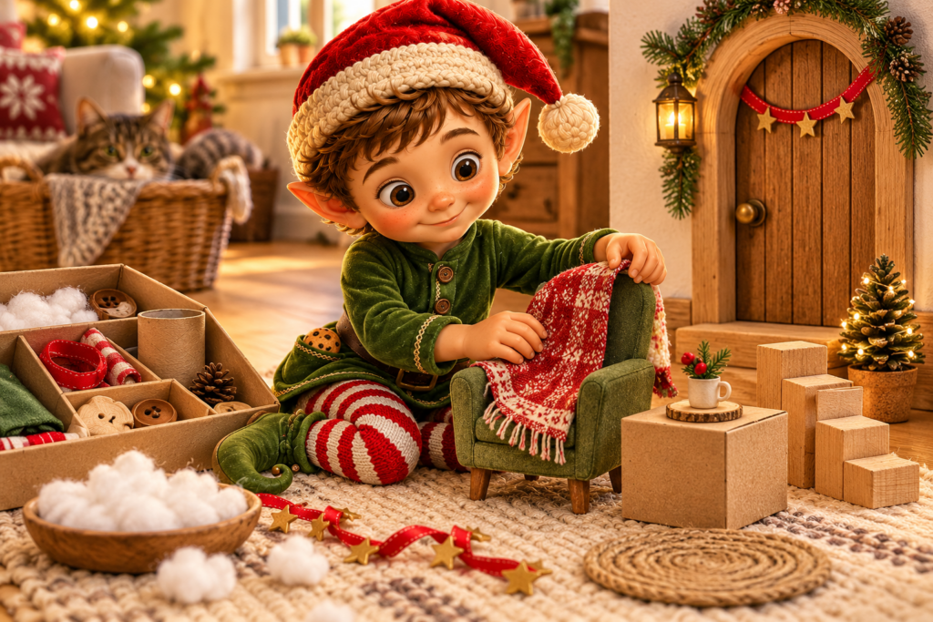 Weihnachtself entdeckt Papier, Schnur, Knöpfe und Miniaturmöbel als günstiges Wichtelzubehör