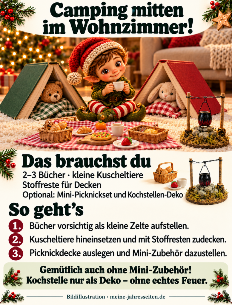 camping mit büchern im wohnzimmer