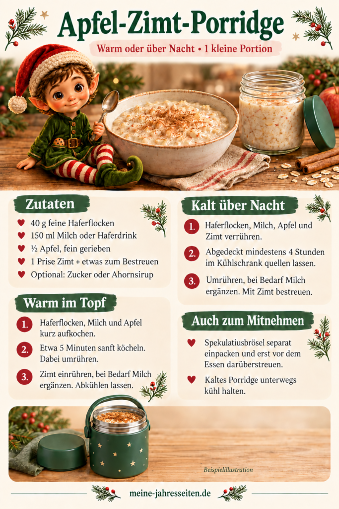 Rezeptgrafik für Apfel-Zimt-Porridge, warm oder als Overnight Oats, mit Weihnachtself und Thermobehälter.